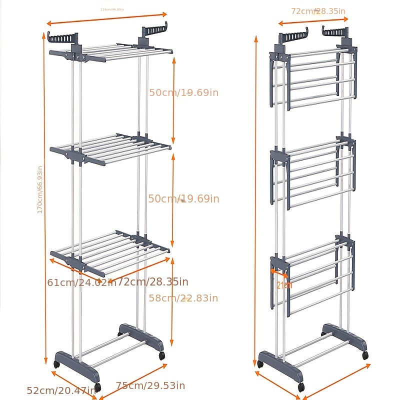 3-Tier Aluminum Clothes Drying Rack with Wheels - Compact and Foldable Laundry Organizer for Indoor/Outdoor Use