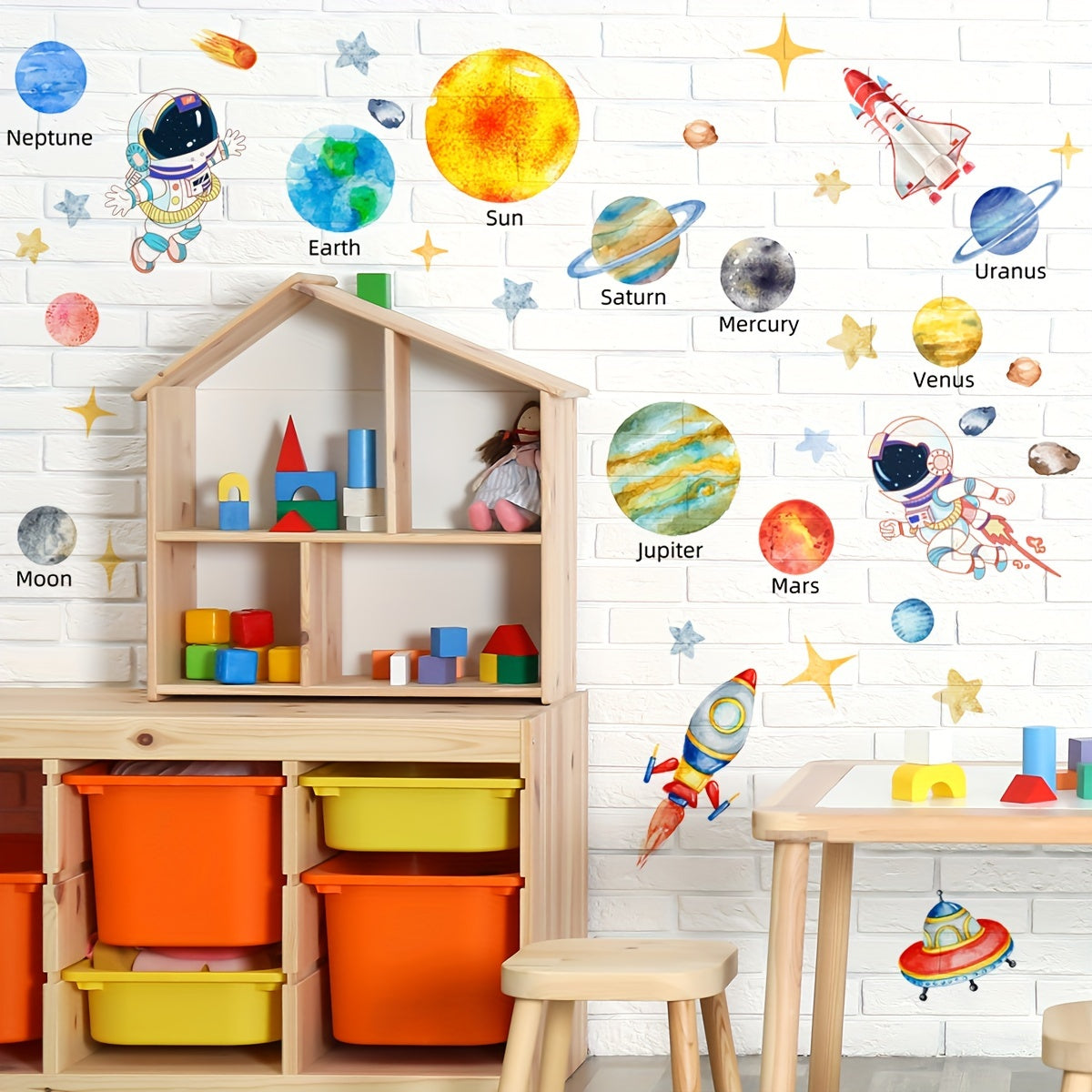 Solar System wall stickers measuring 160.02x80.01cm, featuring astronauts, stars, UFOs, planets, and spaceships. Ideal for room, bedroom, living room, playroom, or classroom decorations.