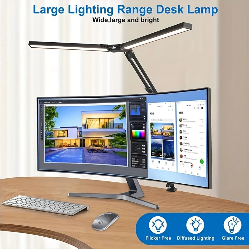 Ultra Wide Double Head LED Desk Lamp with Clamp, 3 Color Modes, 10 Stepless Dimmable, USB Powered