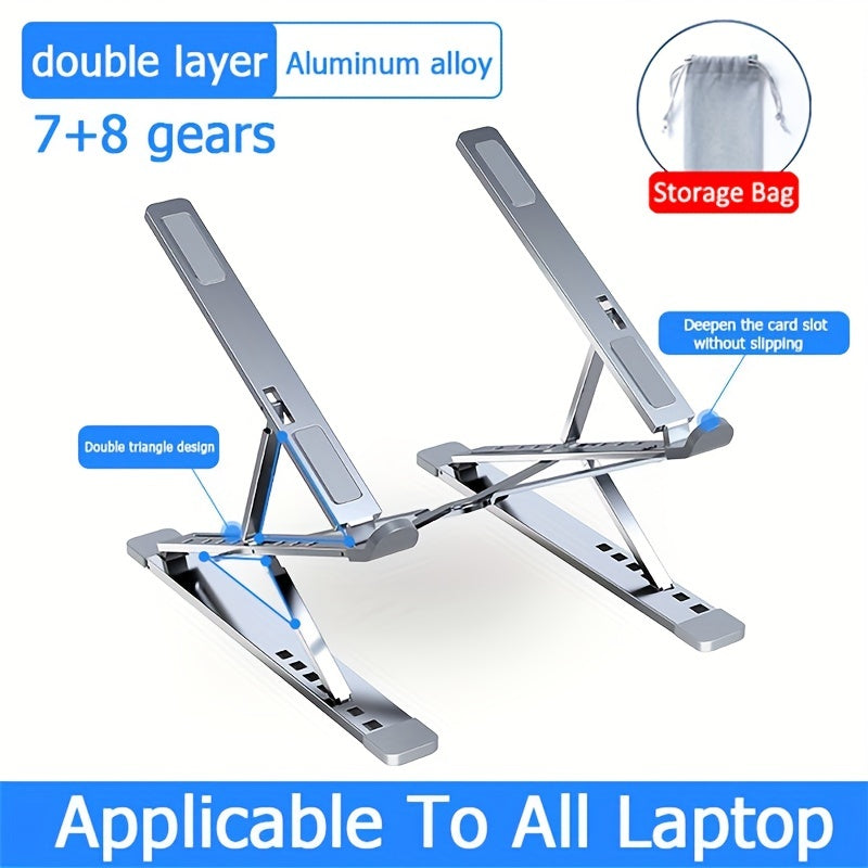 Portable and foldable adjustable aluminum laptop stand for MacBook, PC, tablet, and notebook with secure clamp design. Made of durable aluminum alloy construction. Ideal for office desks.