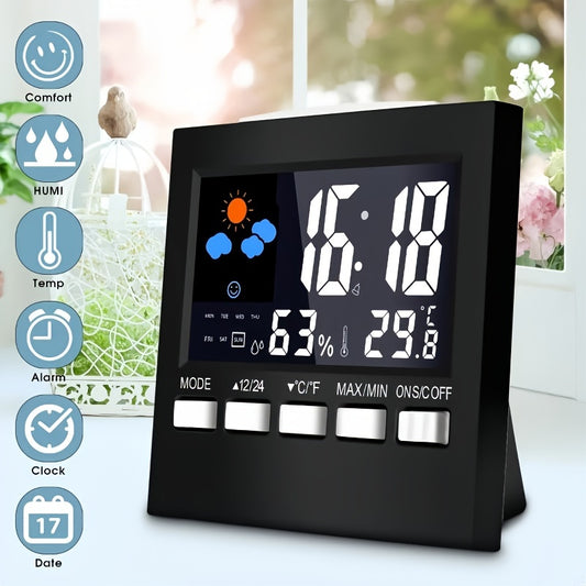 Digital weather station with LCD screen, indoor temperature and humidity monitor, alarm clock, calendar, voice control. Battery-powered (battery not included), made of plastic, operates at