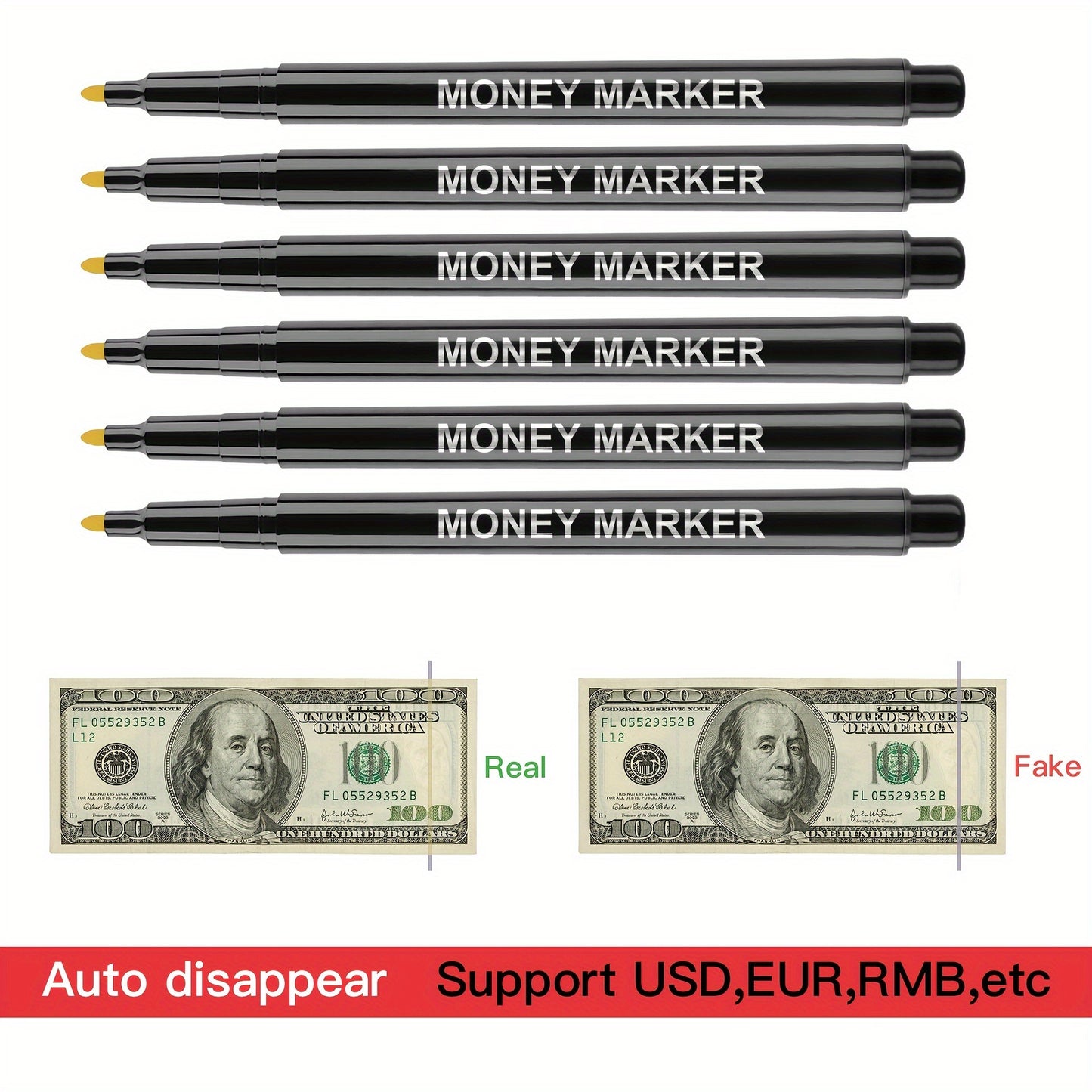 Non-electric counterfeit money marker pens with fading ink, available in 1/2/3 pack. Ideal for verifying multi-currency authenticity without batteries.