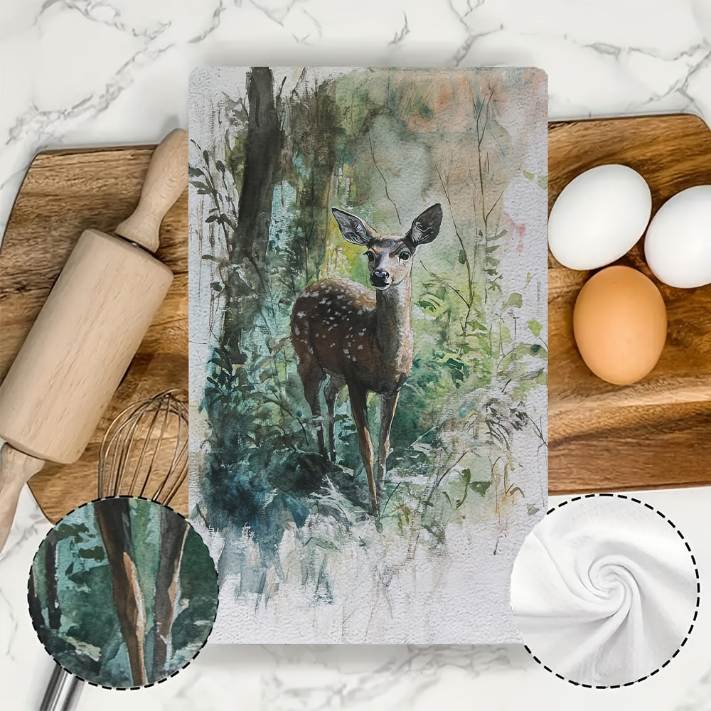 Two pieces of ultra soft kitchen towels featuring a graceful deer in underbrush design. These highly absorbent and machine washable dish hand towels are designed in a contemporary watercolor style, measuring 40.64x60.96 cm. Perfect for holiday decor and