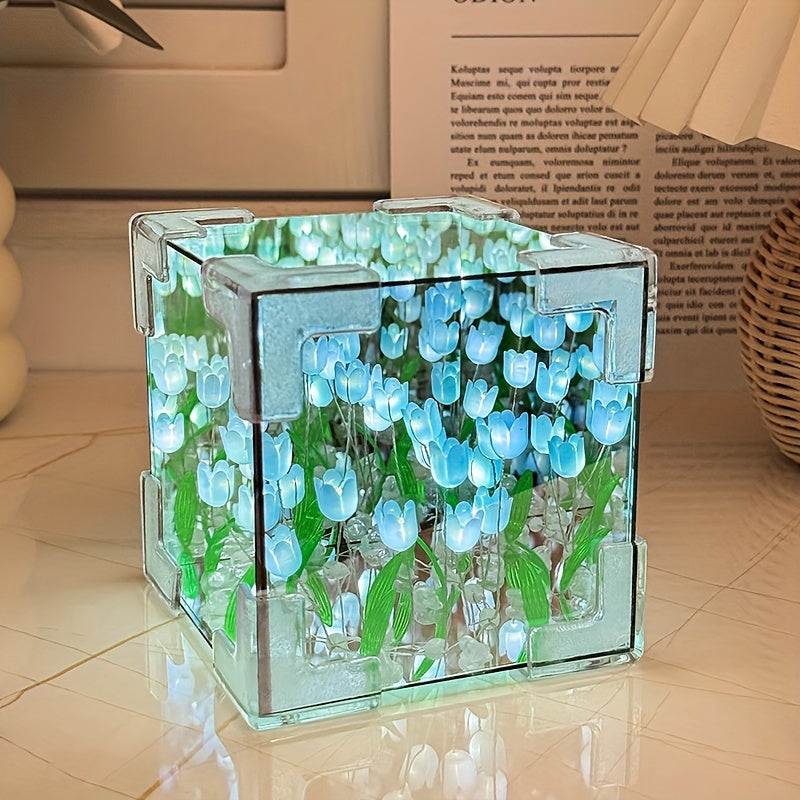 Tulip Mirror Night Light Kit: Modern Floral Cube Design, Battery-Powered for Bedroom, Living Room & Office Décor.