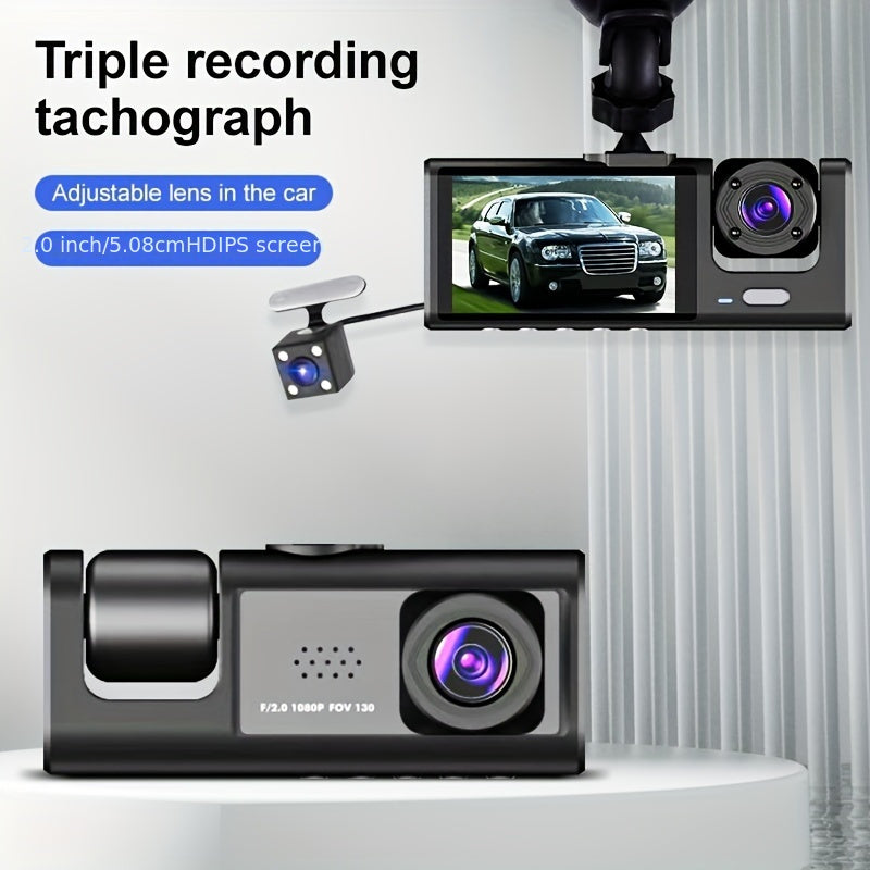 Vavupo 3-Channel Dash Cam with IR Night Vision - 1080P HD, Front & Rear Recording, Loop Playback, 5.08cm IPS Display, Wide Angle Lens, USB Powered