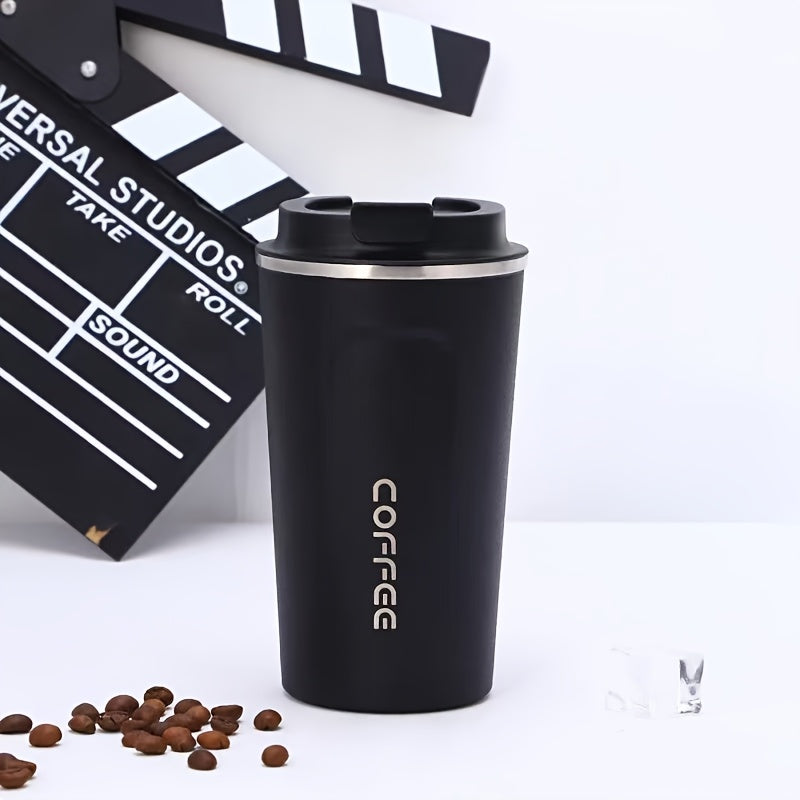 Vacuum-insulated stainless steel travel coffee mug in tumbler style, leakproof, reusable, hand wash only, 380ml/510ml, unstable cup.