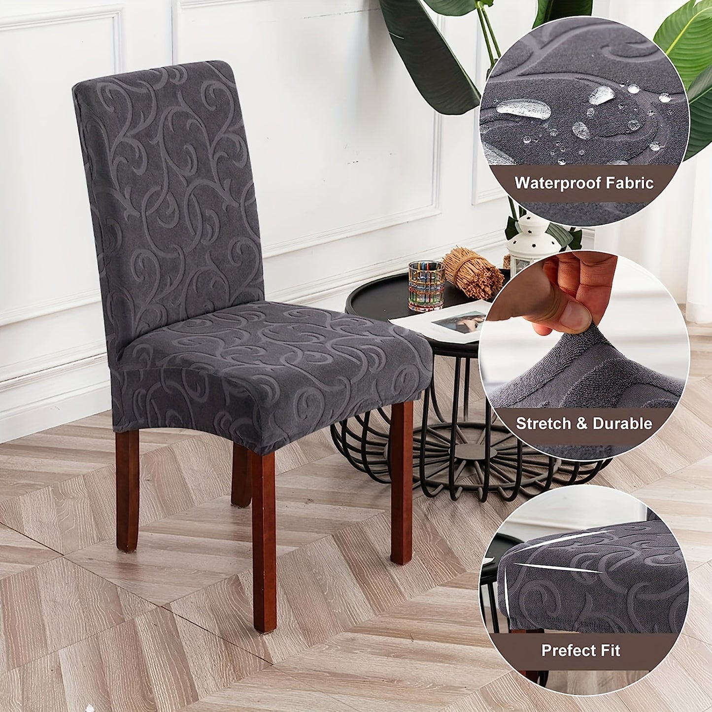 Waterproof chair slipcovers in 4pcs or 6pcs, stretch jacquard design for dining chairs. Removable, washable protector for home or commercial use.