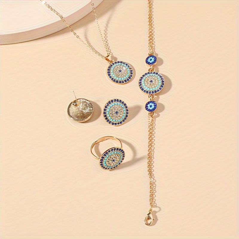 Chic 5-piece Devil's Eye Jewelry Set featuring a timeless blue eye necklace and earrings, with a stylish Middle Eastern-inspired design, perfect for women.