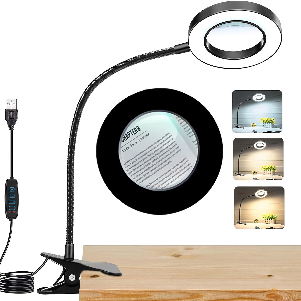 Study lamp with LED lights designed for eye protection, ideal for students learning to read or for use during manicures, facials, tattooing, eyebrow embroidery, and taking selfies. Includes a magnifying glass and can be clipped onto a desktop for