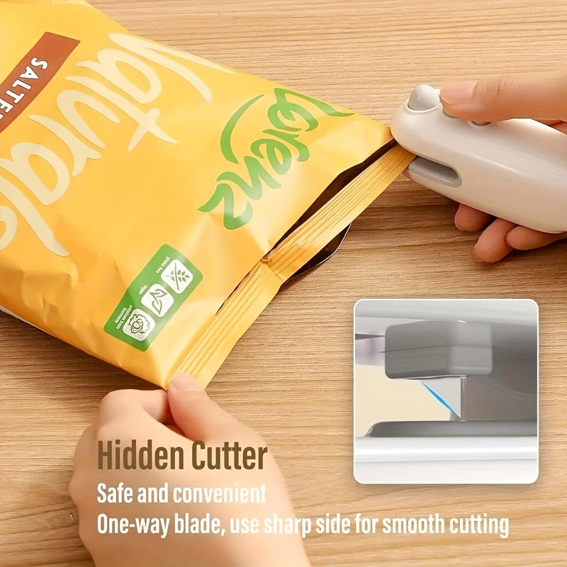 Portable USB rechargeable mini bag sealer and cutter with magnetic heat seal for food preservation. Ideal for office use with a 400-1.0mAh lithium battery. Features a sleek modern design and one-button operation in white. Perfect for the office kitchen