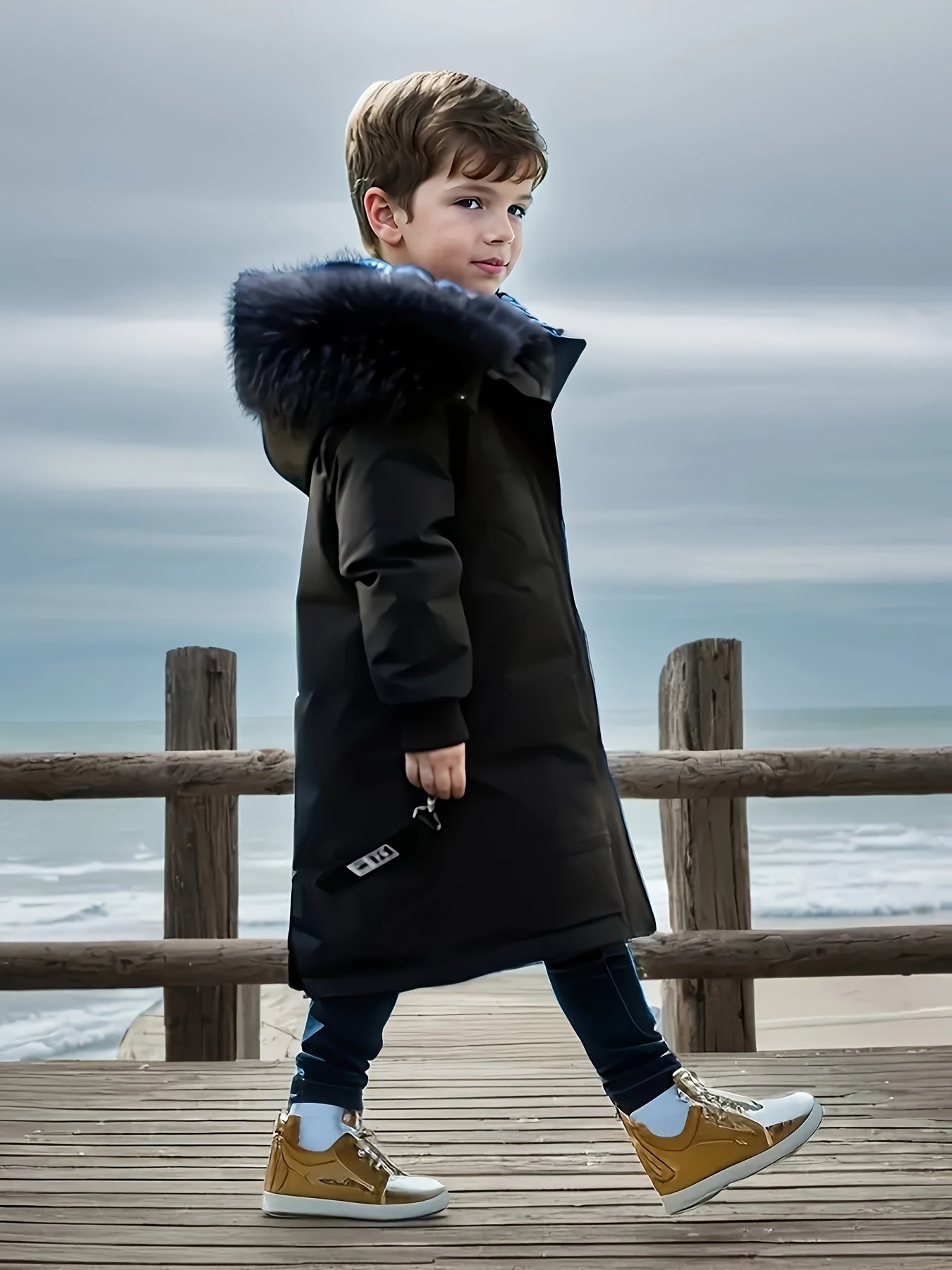 Thickened boys' winter coat with faux fur hood, warm and windproof, 100% polyester, perfect for outdoor play in cold weather.