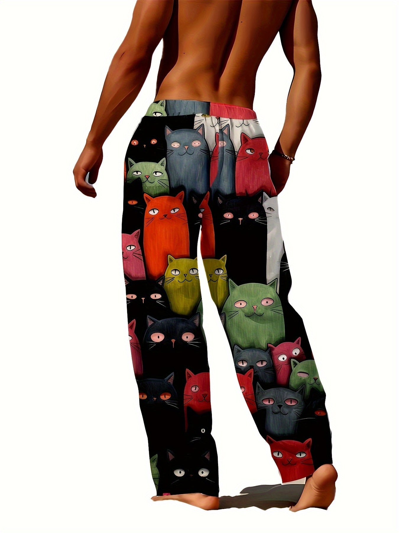 Loose-fitting men's pajama pants with 3D cat print, wide legs, pockets, and breathable polyester.