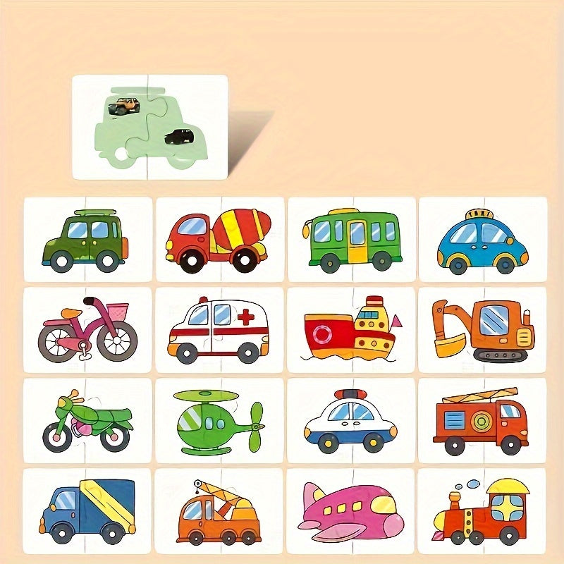 Educational puzzle set for kids with characters, occupations, fruits, vegetables, and vehicles — promotes cognitive development with colorful flashcards.