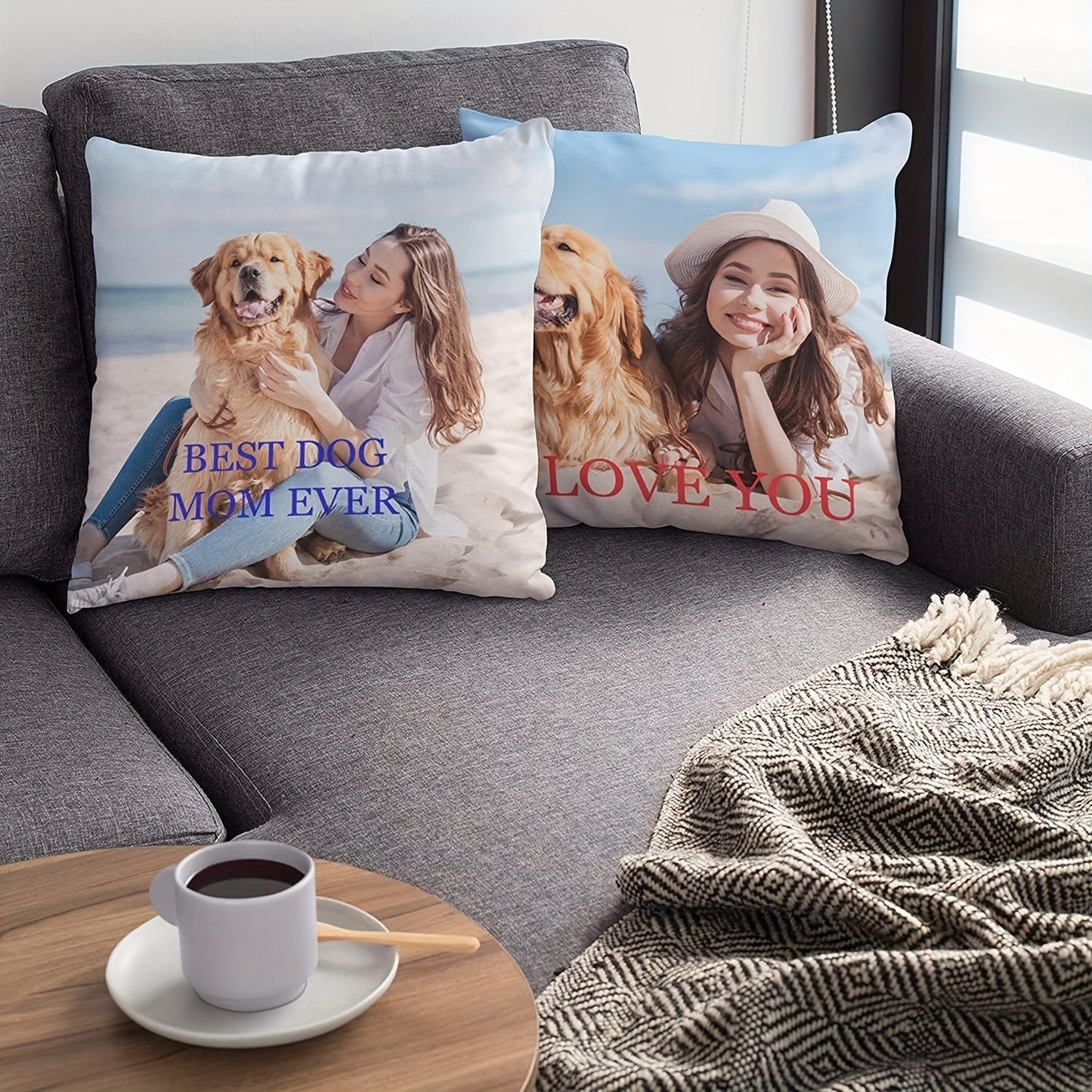 Create a custom photo and text throw pillow cover made from soft polyester knit fabric. This personalized gift is ideal for Valentine's Day, anniversaries, Christmas, birthdays, and any special occasion.