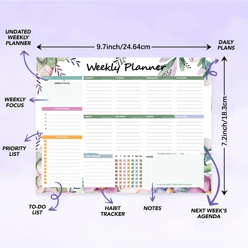 Weekly planner with 52 tear-off sheets for easy weekly planning - ideal for adults.