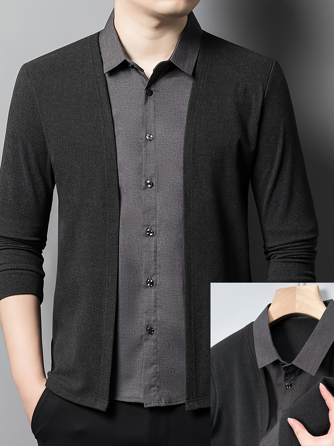 Men's two-piece color-blocked casual shirt with long sleeves and a collared neckline.