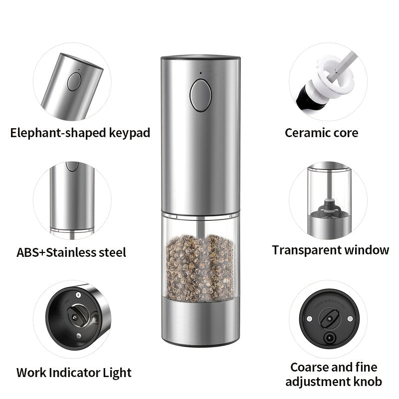 Set of 2 Electric Pepper Grinders with Gravity Induction, USB Charging, Stainless Steel Salt and Pepper Shaker, Olive-Shaped Key Fob, LED Work Light, Adjustable Grind Settings, Rechargeable Battery, Storage Base Included