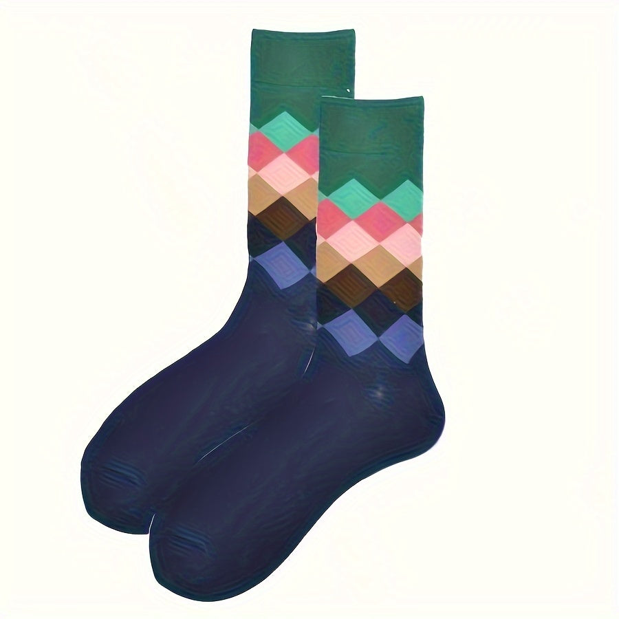 5-Pack Men's Argyle Cotton Socks, Colorful Diamond Pattern, Fashion Contrast Mid-Calf Socks, Hand Wash or Dry Clean