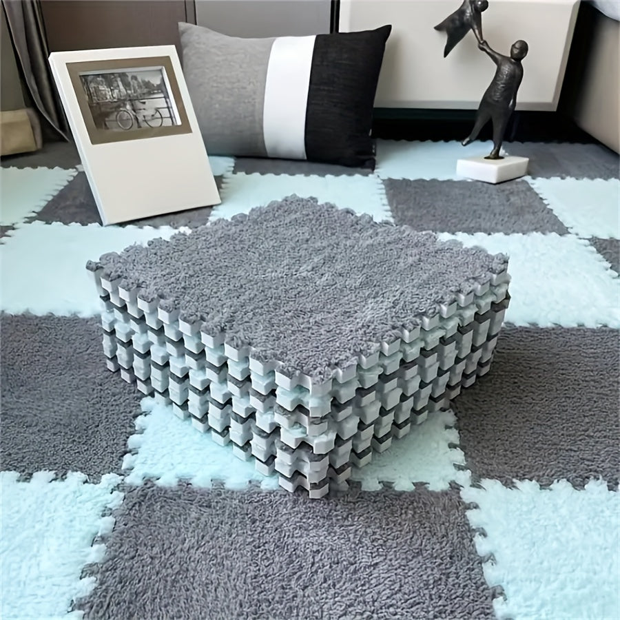 12 pieces of Creative Puzzle Carpet, a Full Town Puzzle Mat featuring Solid Color Square Bedside Rug and Bedroom Foot Rug measuring 29.97 by 29.97 cm.