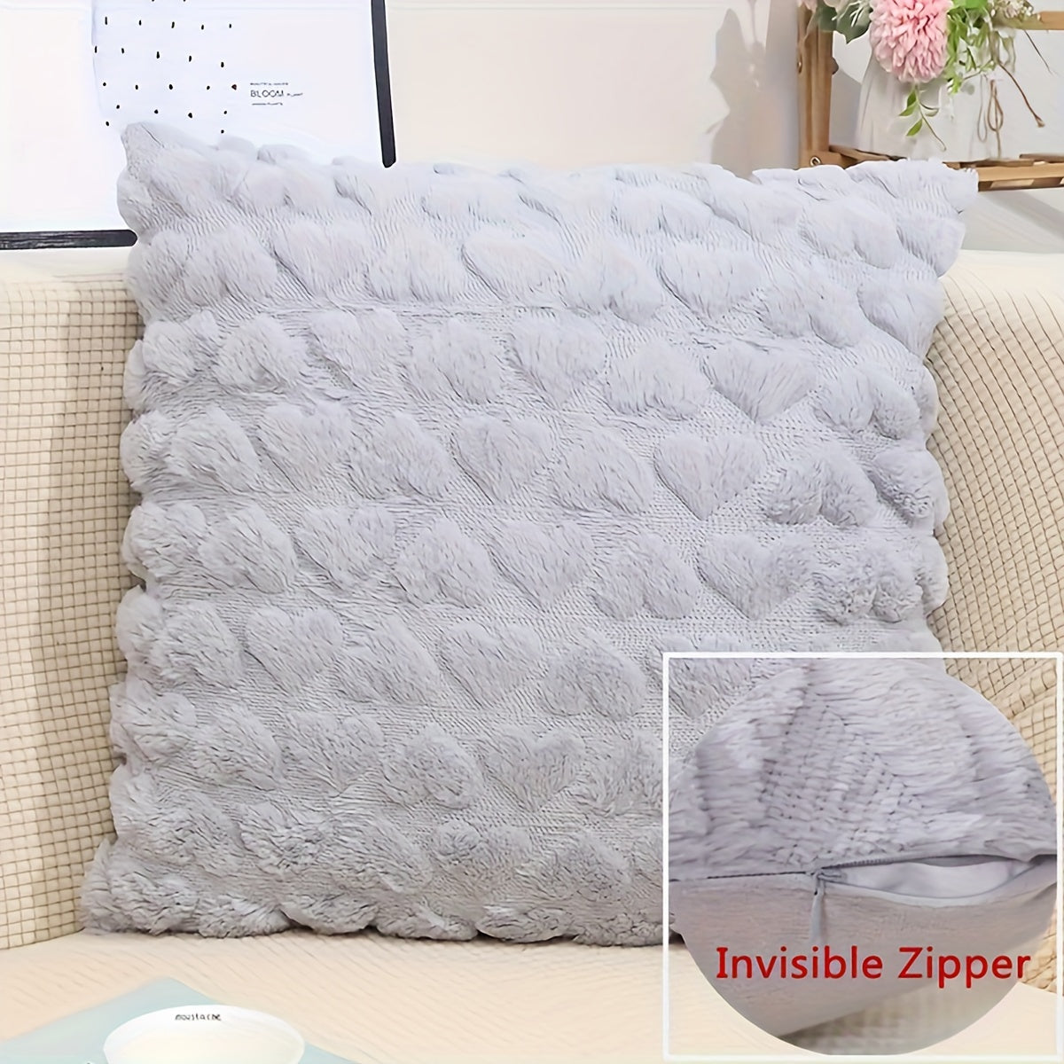 One set of cute beige decorative throw pillow covers, 18x18, made of soft plush faux fur wool for couch or sofa décor.