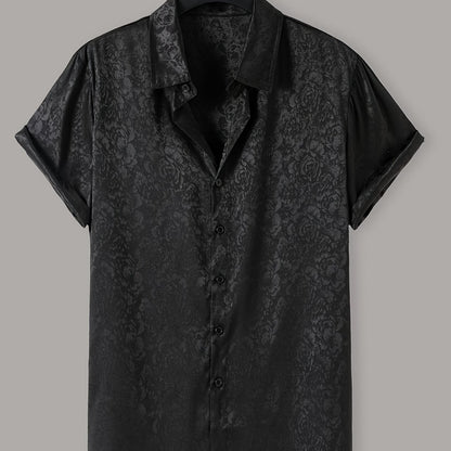 Men's casual short-sleeve button-up shirt with subtle floral print, made from lightweight polyester. Perfect for summer wear, collared design for easy care.