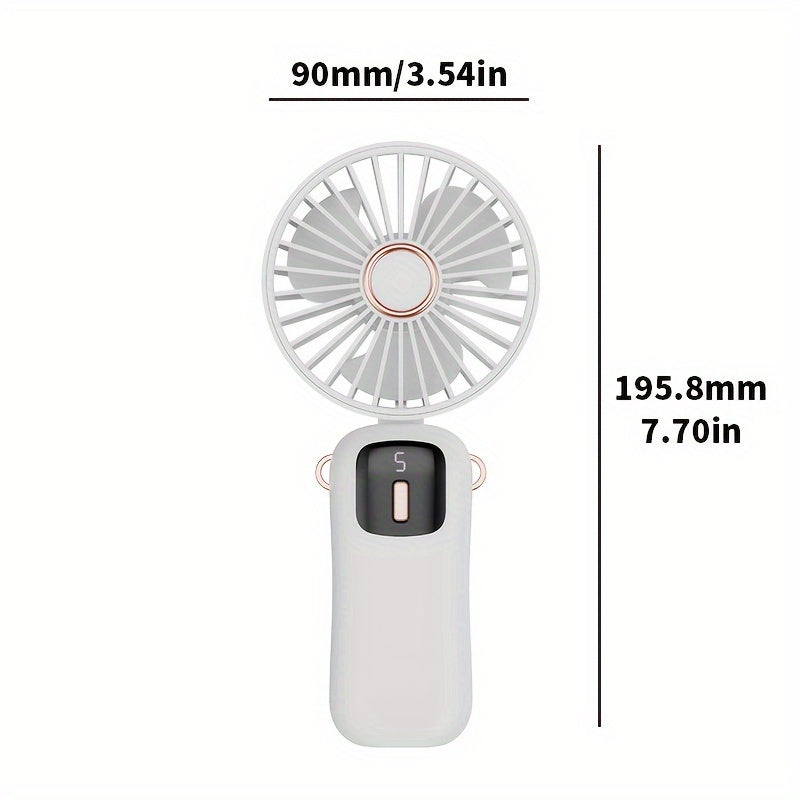 Stay cool on-the-go with the Sleek Portable Mini Fan featuring LED Display. This 5-speed adjustable fan is USB rechargeable and foldable for easy storage. With a 1200mAh battery, it's perfect for use on your desk, in the office, bedroom, or while