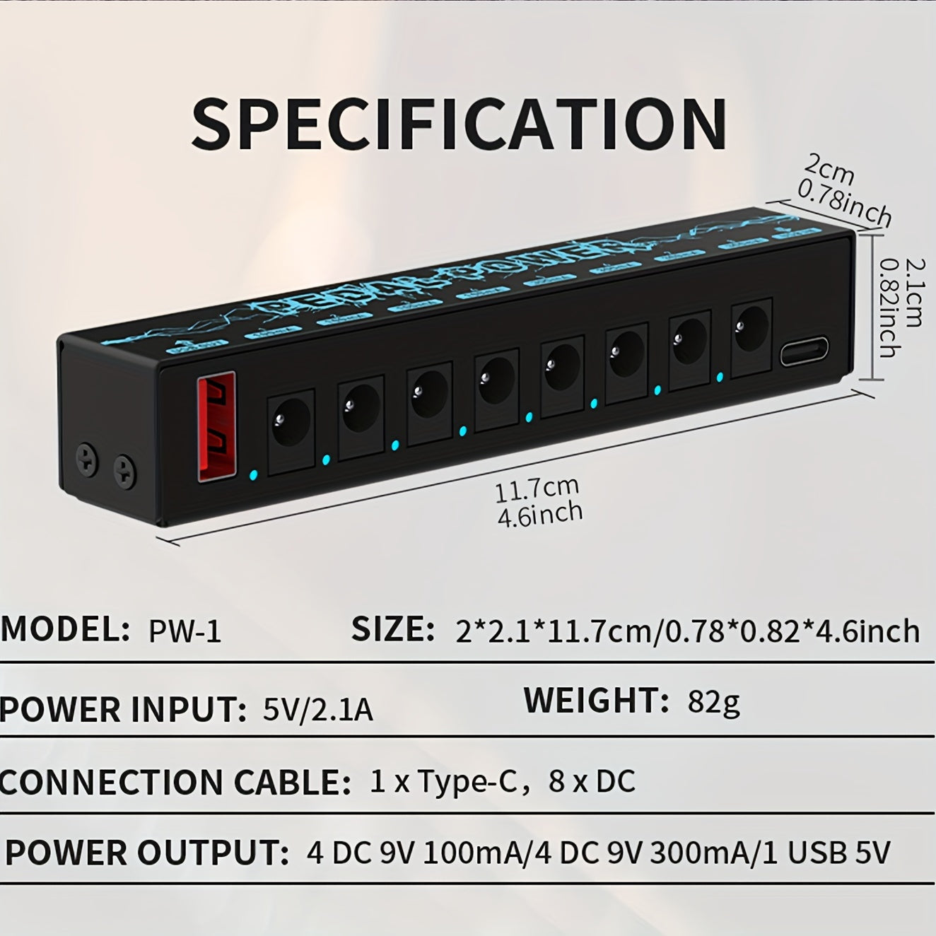 Portable pedal power supply with 8 isolated 9V channels, Type C input, 8 DC outputs, 1 USB output, and short circuit protection.