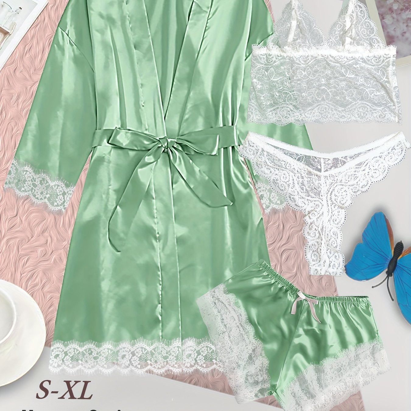 Women's loungewear set with lace detailing, robe, V neck cami, panties, and shorts.