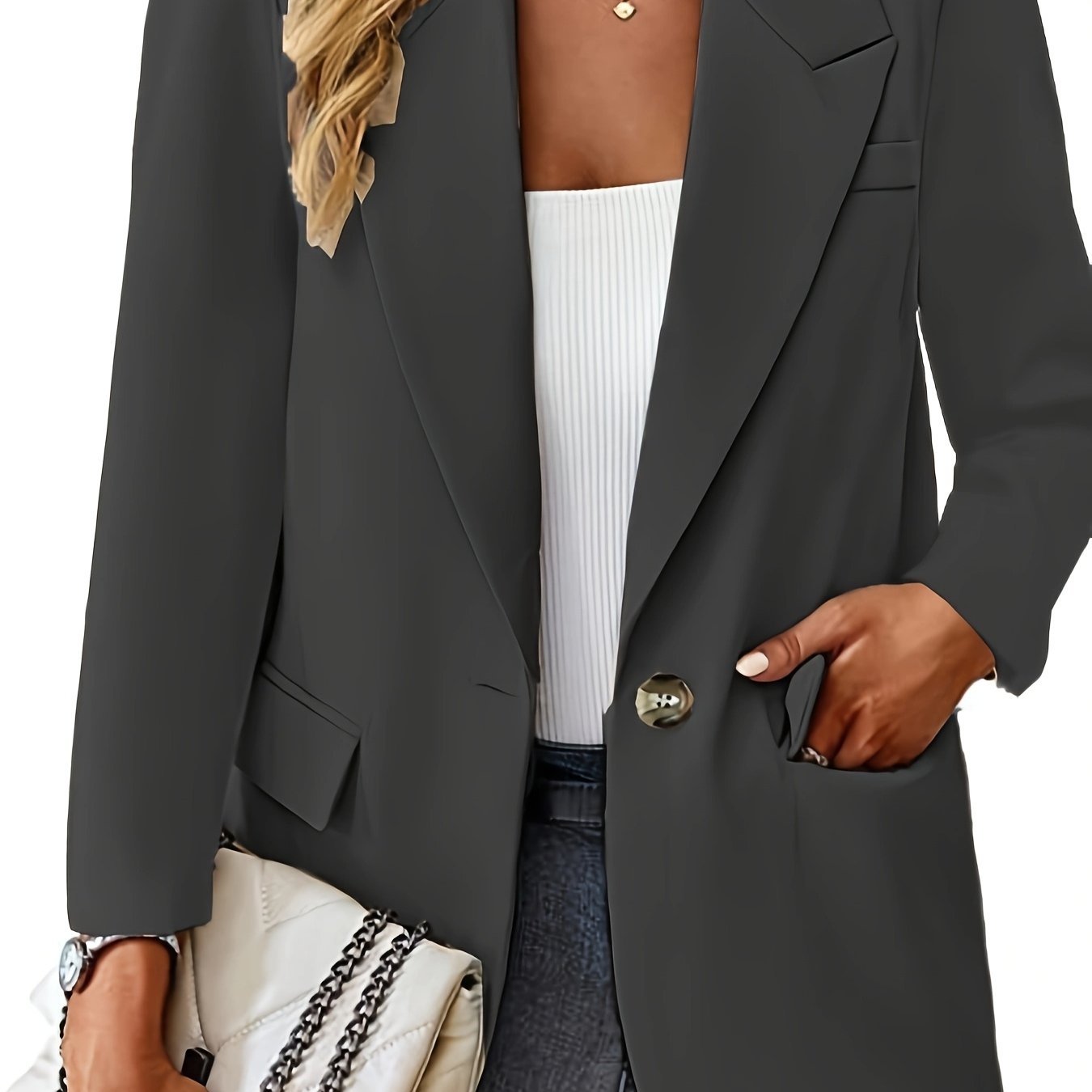 Stylish women's red blazer with a slim fit, single-breasted closure, long sleeves, lapel collar, and pockets. Made of elegant polyester for office wear.