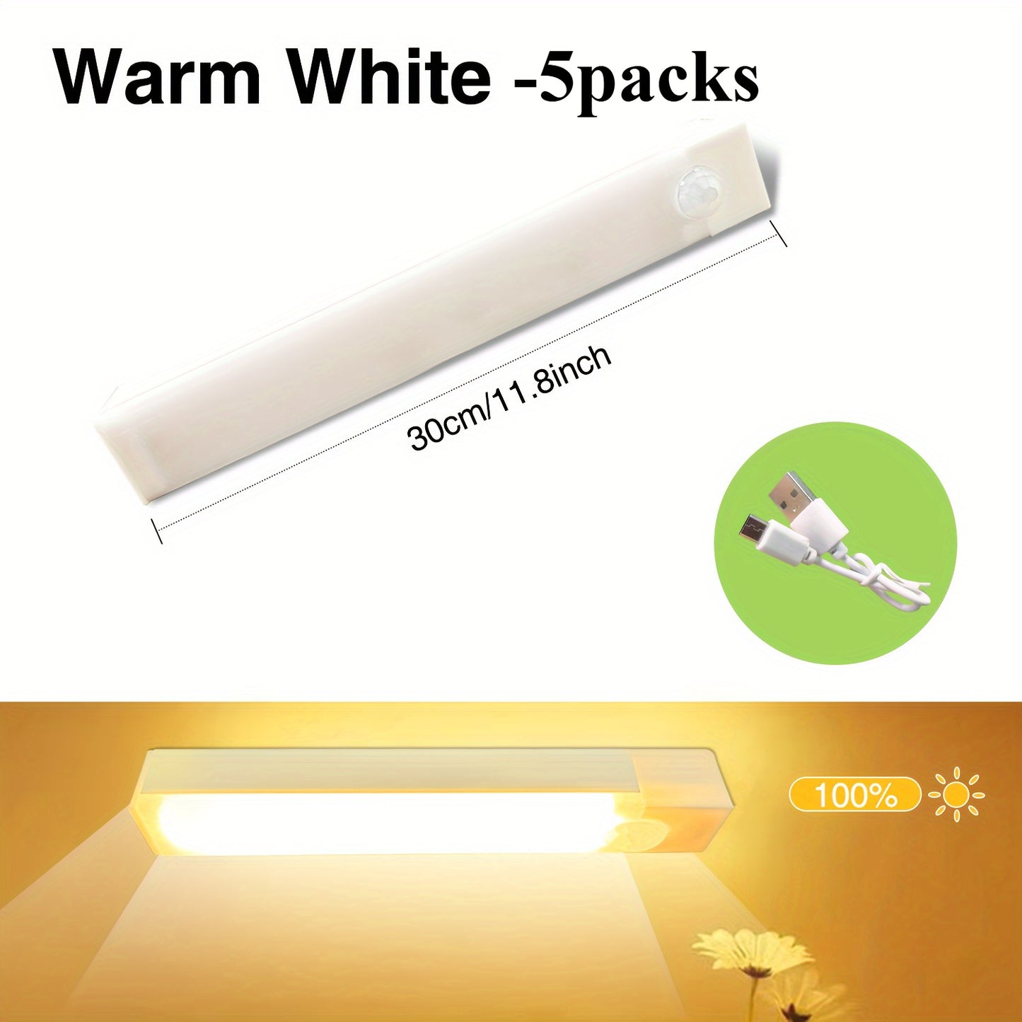 5 Pack LED motion sensor lights with USB rechargeable batteries for wireless undercounter illumination in hallways, kitchens, stairs, and wardrobes. Suitable for home decoration.