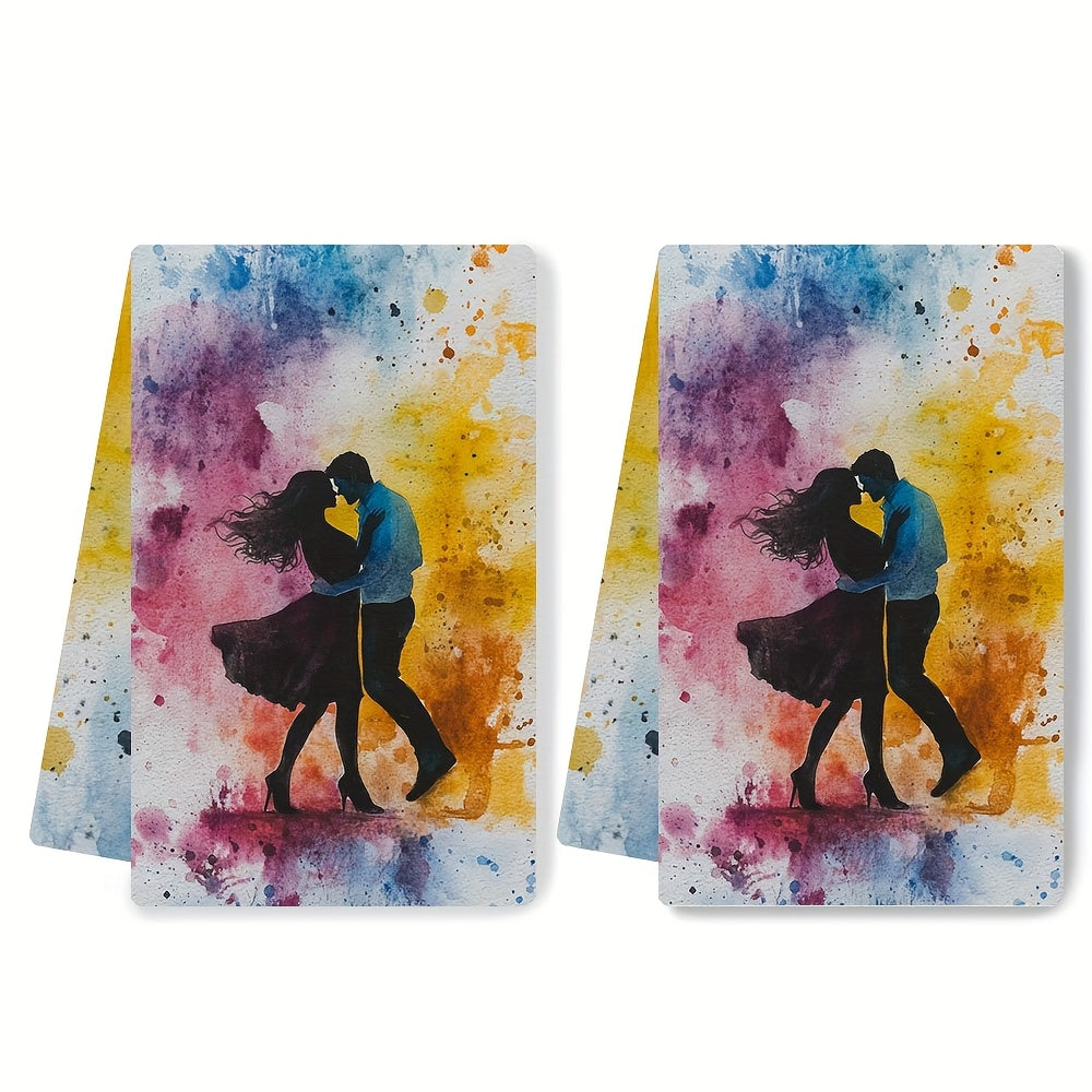 Experience the "Adventure of Love" with 2 luxurious Ultra Soft Kitchen Towels featuring a Dancing Couple Design. These towels are highly absorbent, machine washable, and come with a vibrant watercolor splash background. Measuring 40.64x60.96 cm, they are