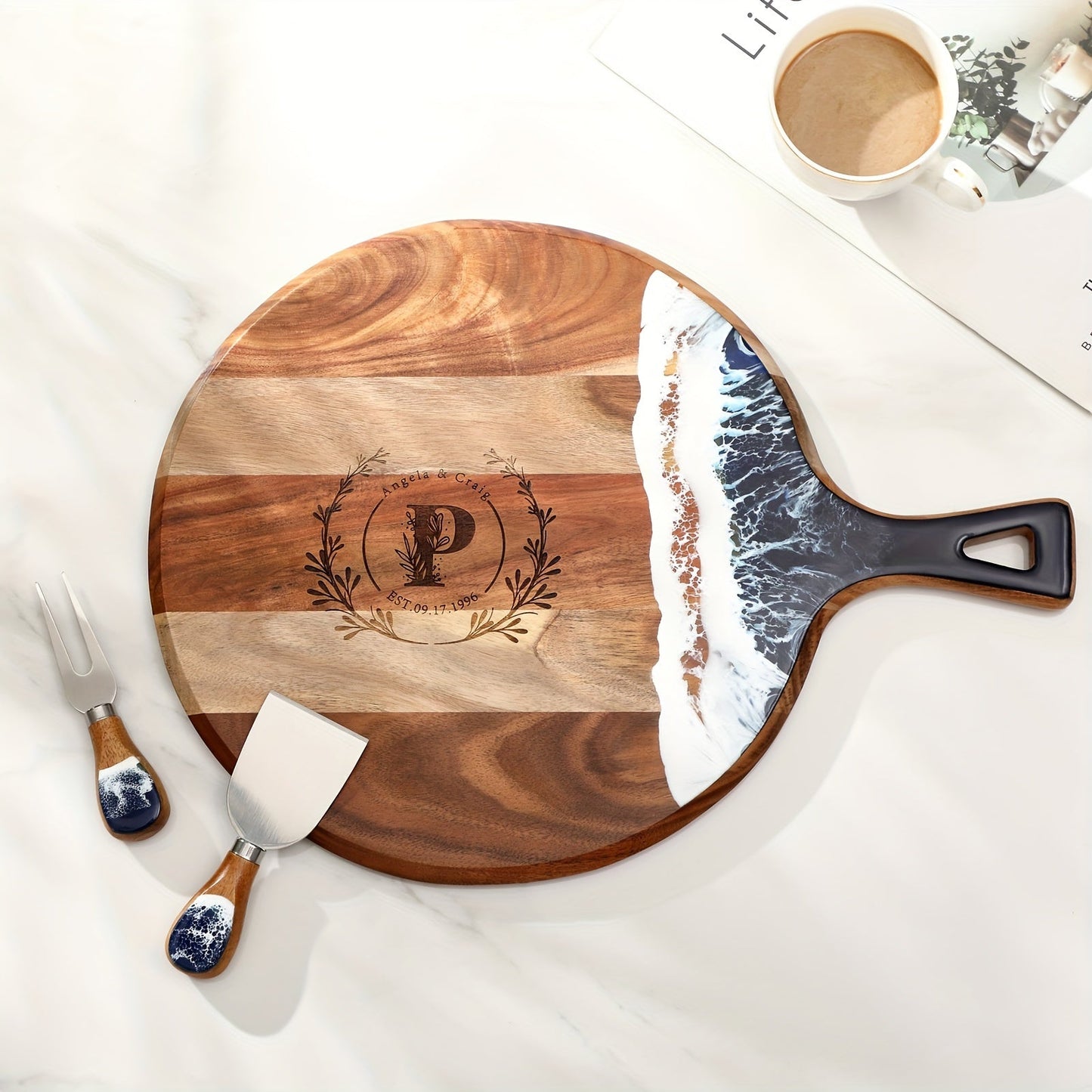 Round custom made cheese board with handle, customized charcuterie board perfect for wedding anniversary, Christmas, bridal shower or as a special gift for women.