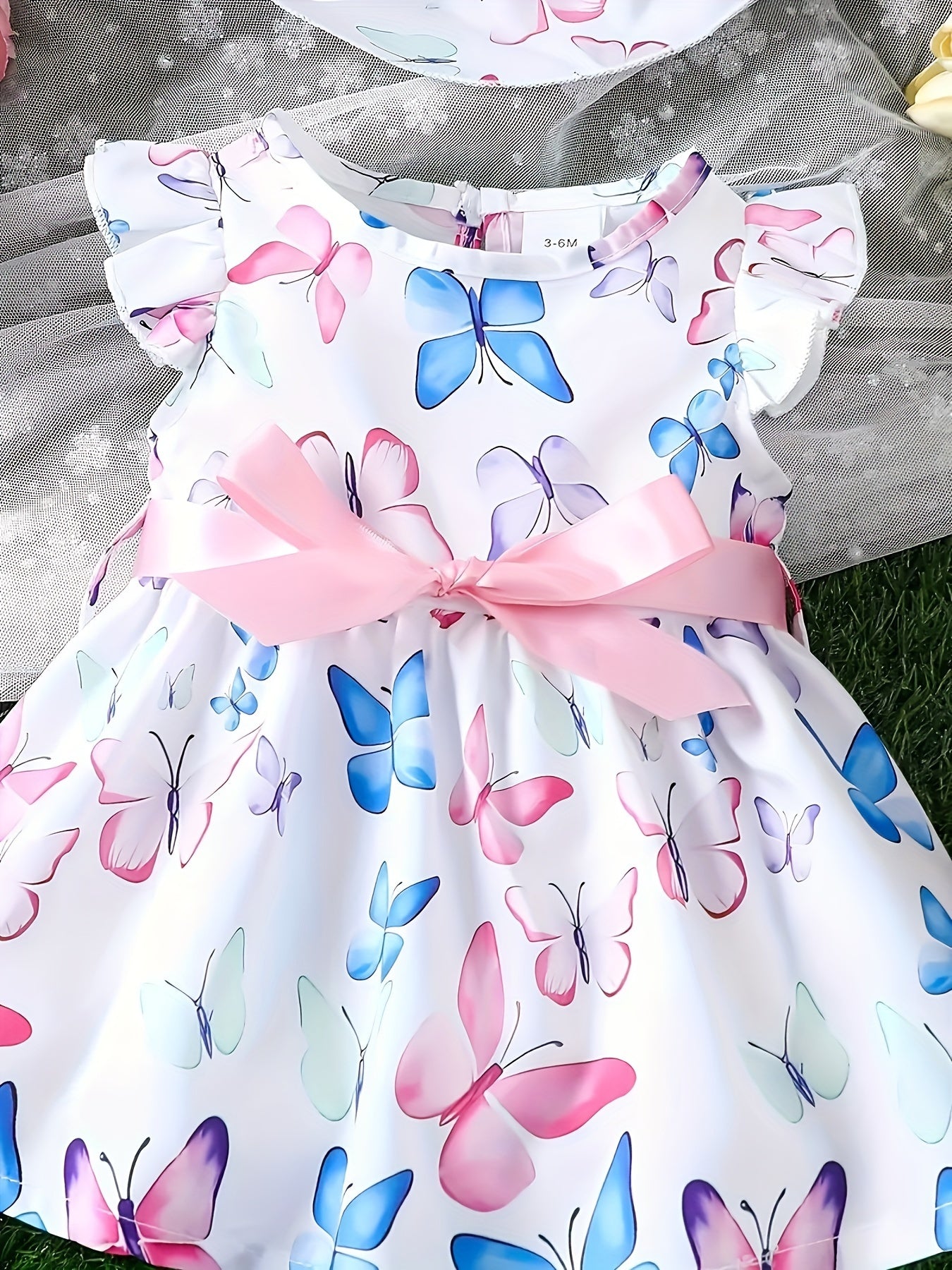 Cute Toddler Girls' Butterfly Print Dress and Matching Hat Set - Flutter sleeve design, perfect for summer vacations, made from polyester and spandex blend