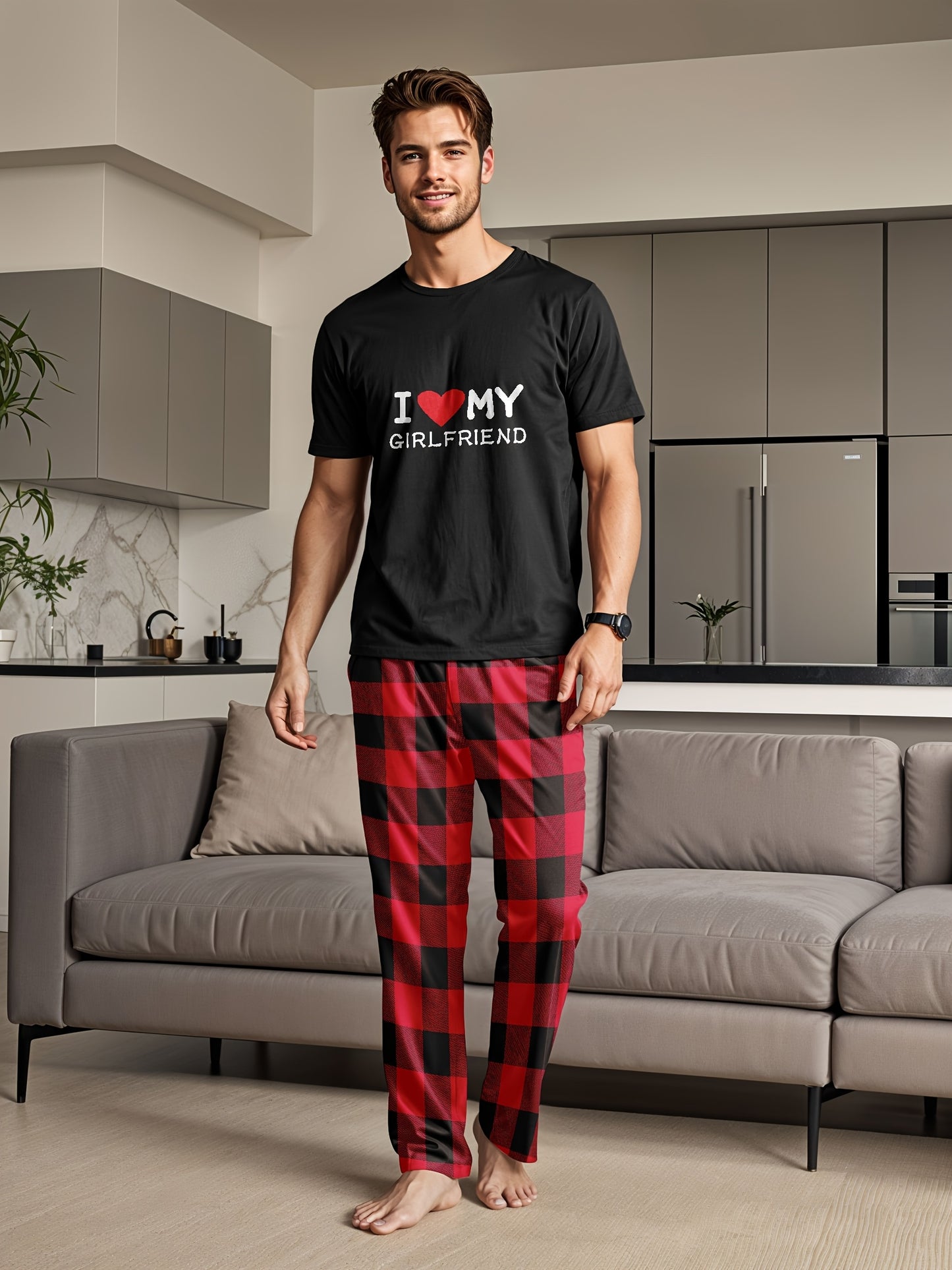 Men's and Women's couple's pajama set with "I Love My Girlfriend" printed t-shirt and red checkered pants, made of polyester knit fabric with crew neck, regular fit, medium stretch, 97%