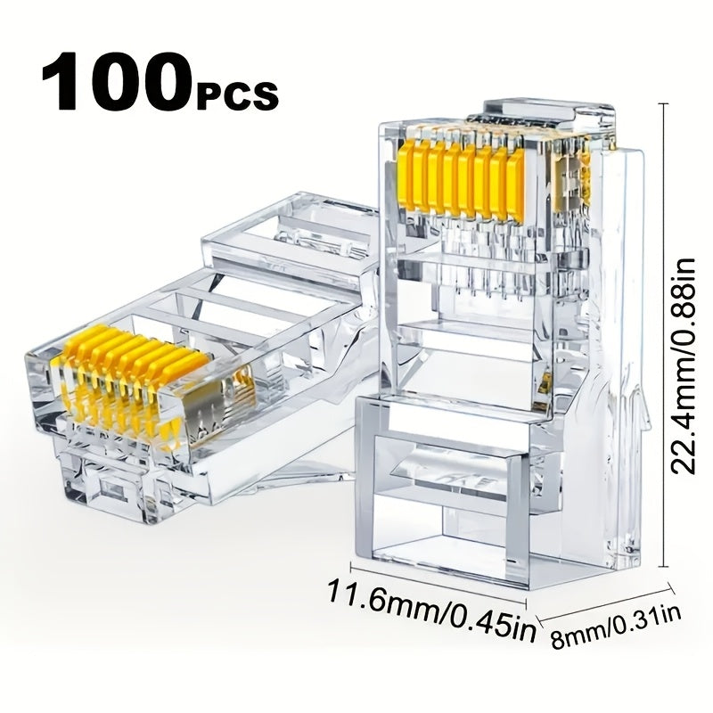 100-упаковка разъемов RJ45 с проходным соединением для кабелей Cat6/Cat5, с золотым покрытием, без экранирования, для жестких/мягких UTP кабелей, не заряжающий адаптер RJ45.