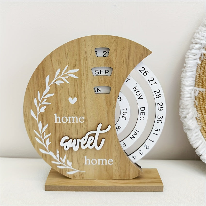 Handcrafted wooden perpetual desk calendar with moon ferris wheel design, weekly-monthly view, and rotatable manual date tracker. Ideal for home and office décor. 1 piece.