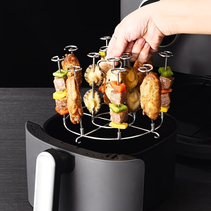 Vertical Air Fryer BBQ Grill made of 12-Skewer Stainless Steel, a Food-Safe Kitchen Accessory compatible with 3.2QT-6QT Air Fryers, featuring an Easy Clean Design.