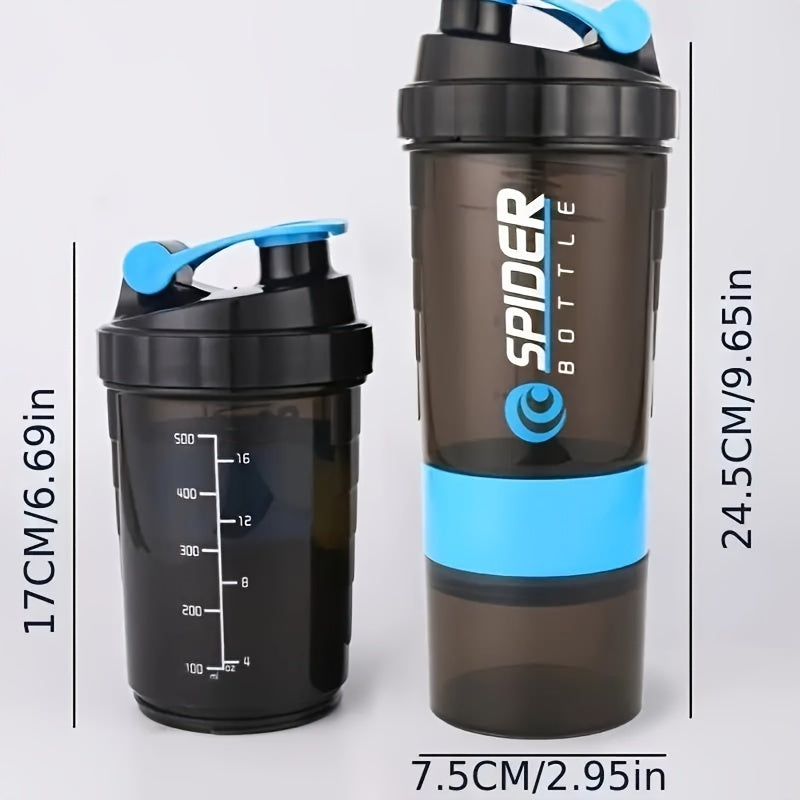 16oz sports water bottle with non-slip three-layer design, twistable mixer for protein powder, leak-proof, and storage for shaking.