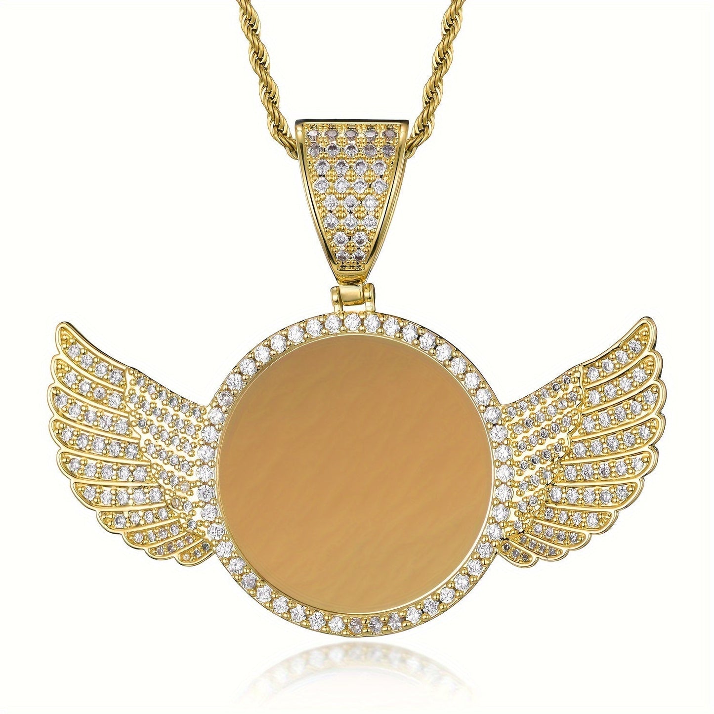 Customizable Photo Pendant Necklace in Hip Hop Style for Men and Women, featuring a Round Wing design in Gold Plated Zirconia for a fashionable look.