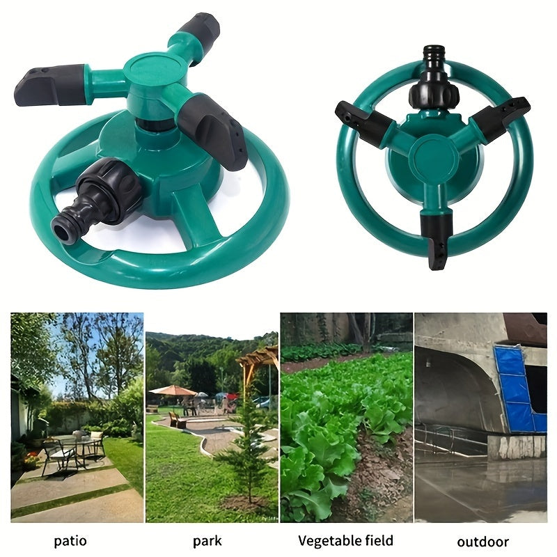 Durable garden sprinkler with 360-degree rotation for efficient watering of lawns and plants, easy to set up and water-saving.