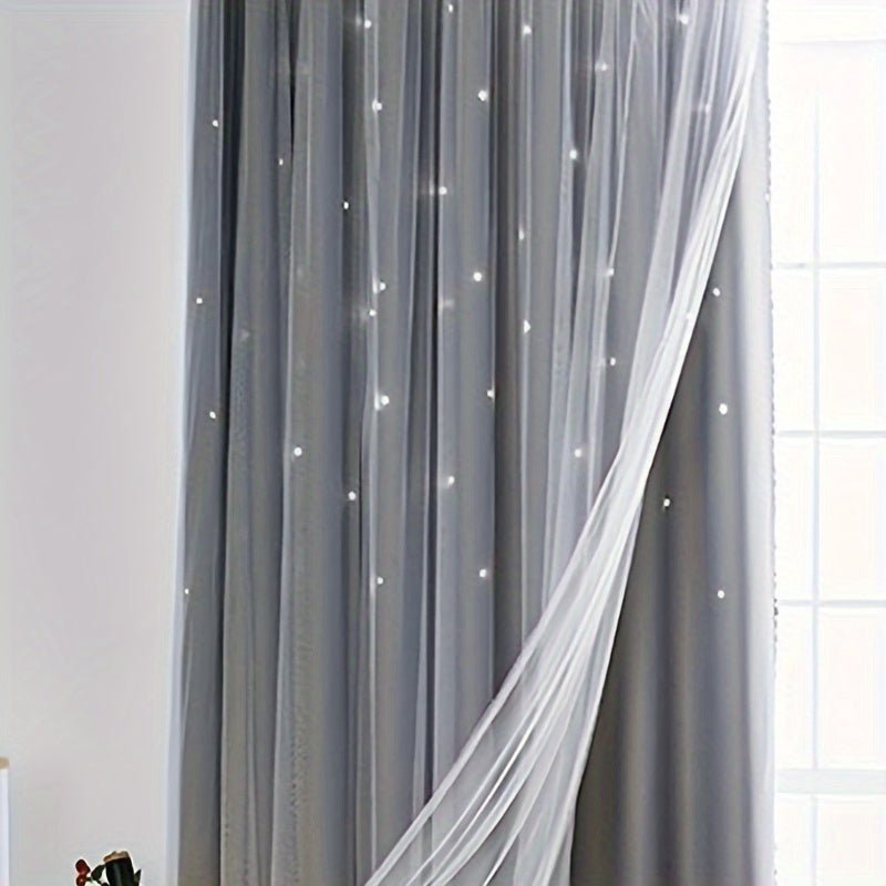 Upgrade your living space with our Modern Hollow Star Curtains. With two layers of soft, breathable fabric, they are perfect for adding a touch of elegance to your living room, bedroom, or study room decor.