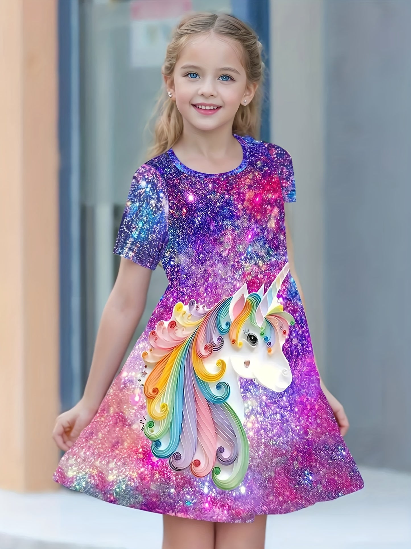 Girls' starry unicorn dress with digital print, round neck, and short sleeves for parties and casual wear.