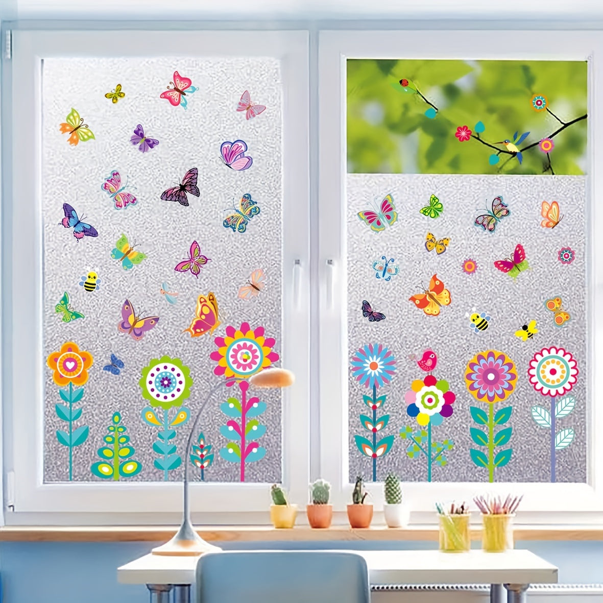 Decorate your living room or bedroom with 99 pieces of flower window stickers and double-sided butterfly stickers for a beautiful home decoration.