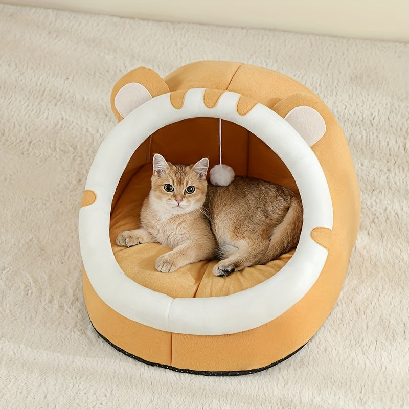 Cozy cat-shaped bed with soft polyester fiber, breathable and comfortable for all seasons. Suitable for small to large cats.