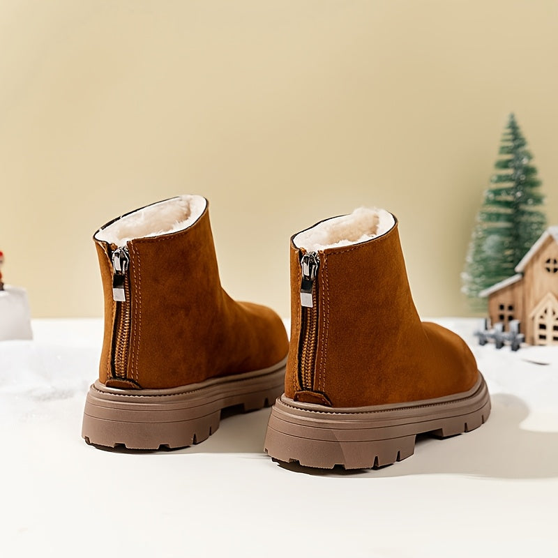 Stylish winter ankle boots with cozy plush lining, durable PVC sole, side zipper, round toe, brown upper with black trim. Perfect for boys and girls, casual snow booties for cold weather.