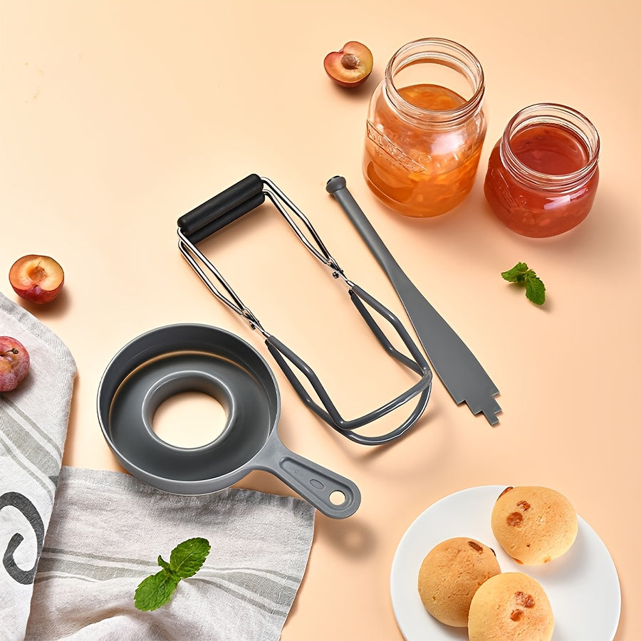 3-Piece Stainless Steel Jam Making Tool Set Including an Anti-Scald Jar Clip, Folding Wide Mouth Funnel, and Lid Lifter for Safe Food Contact