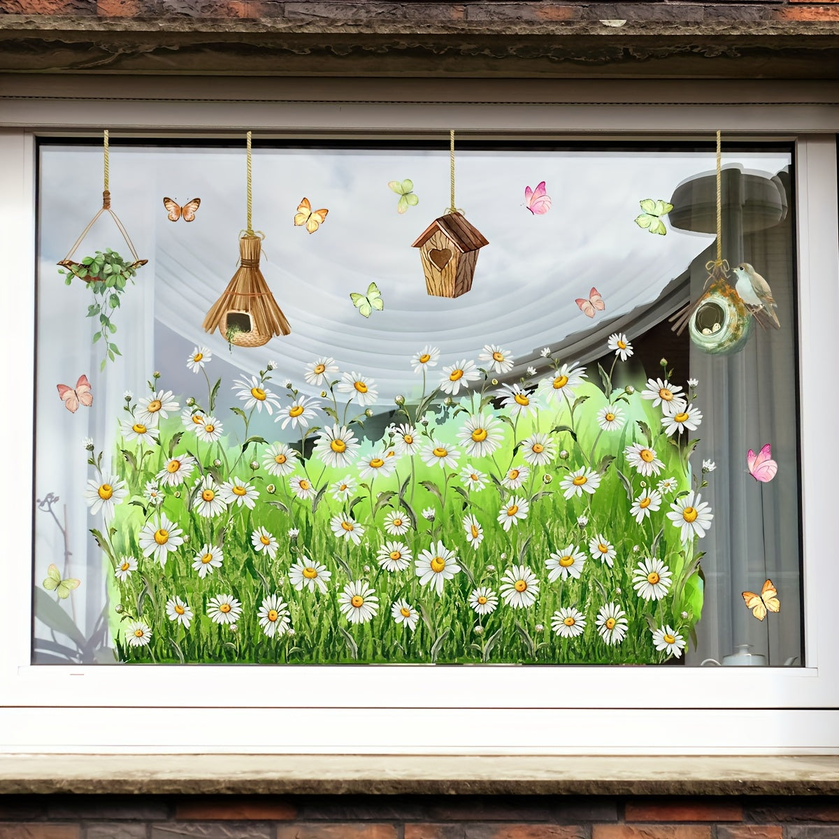 Decorate your living room, bedroom, or home with our charming Daisy & Butterfly Window Clings. These reusable electrostatic decals are perfect for adding a touch of whimsy to your decor. Pair them with our birdcage and glass accessories for a complete