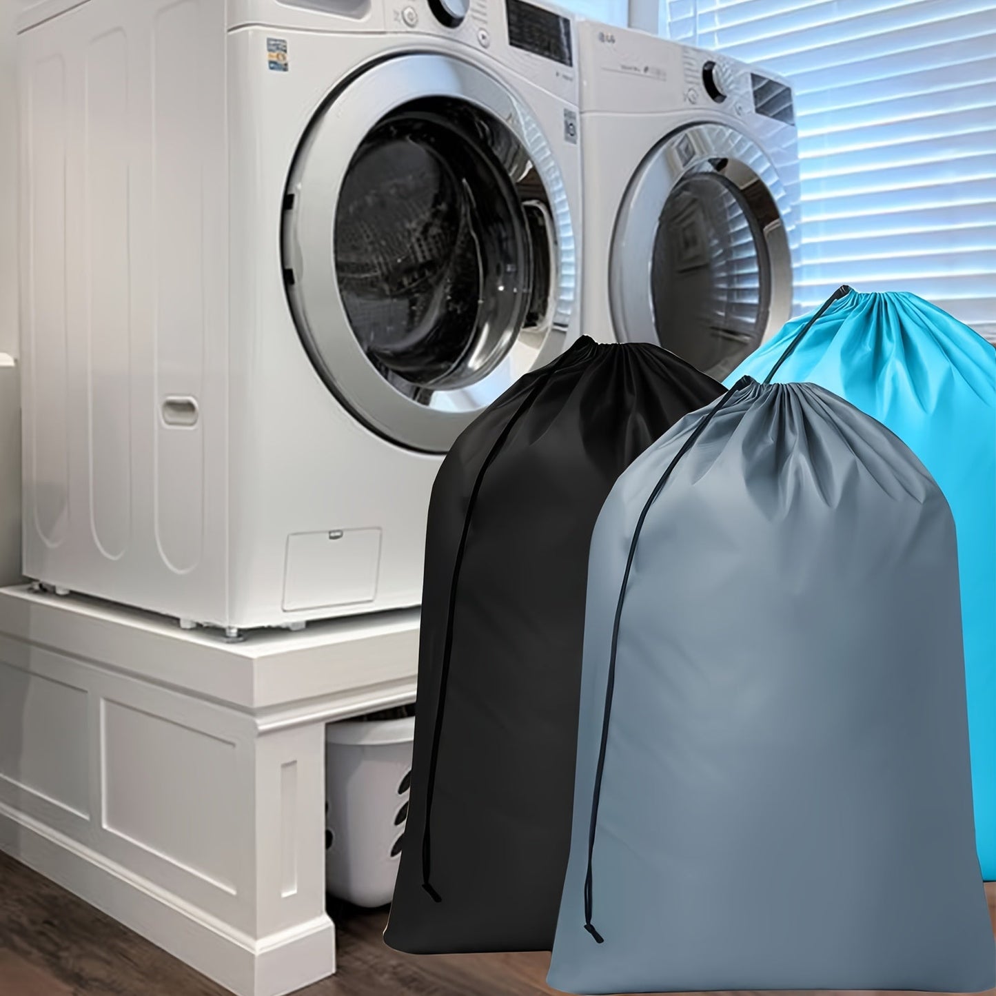 One or two pieces of Nylon Laundry Bags featuring a drawstring closure. These machine washable bags are perfect for storing dirty clothes during travel or for delicate items. They are heavy-duty and easy to fit into baskets or hampers. Each bag measures