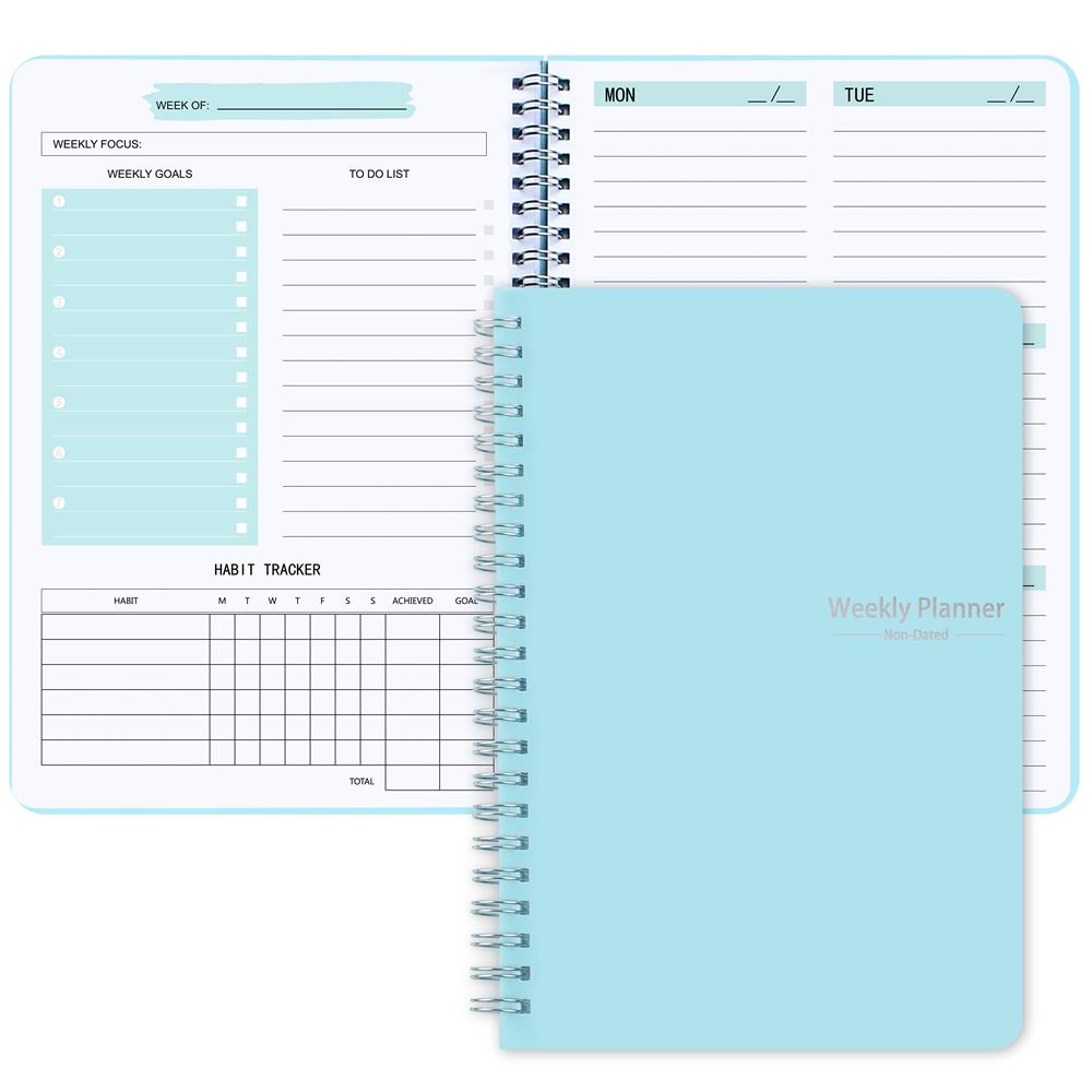 1pc undated A5 spiral planner with 52 sheets, PVC cover, ideal for goal setting and planning.