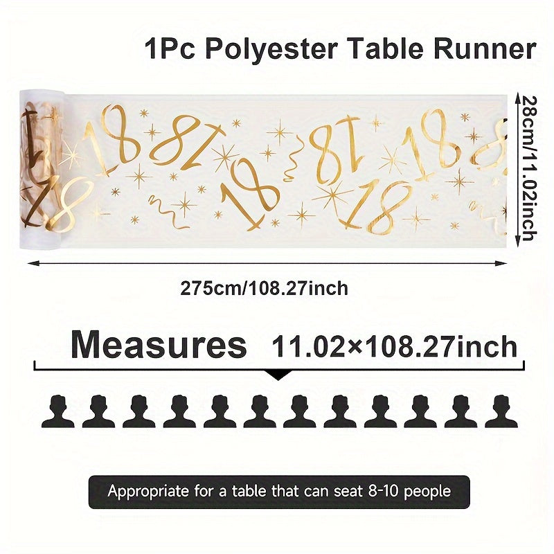 Polyester table runner with golden stamping for milestone celebrations. Perfect for anniversaries, retirement parties, and milestone birthdays. Comes in a rectangular shape.